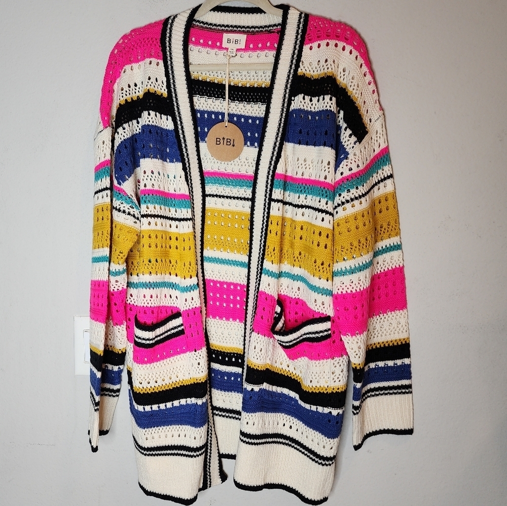 NWT Bibi Knit Multi Striped Pointelle Cardigan. Size 1X. - Picture 4 of 16